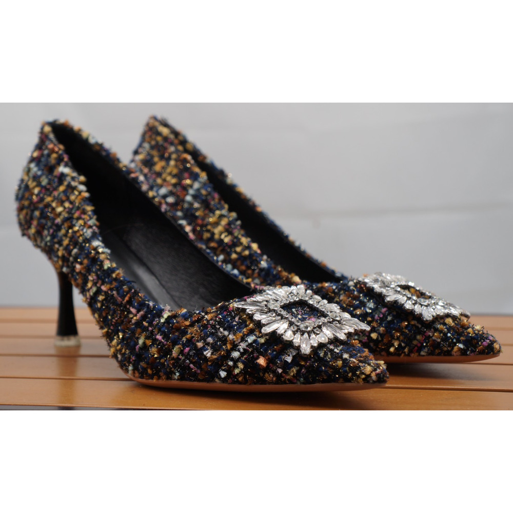 C.Paravano Multicolor Tweed Crystal Buckle Ballet Flats Pointed Toe Size 8.5